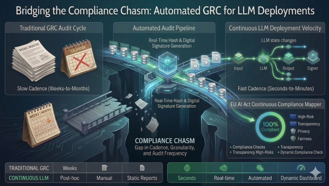 Diagram illustrating the compliance chasm between traditional GRC audit cycles and the continuous deployment velocity of Large Language Models, with automated audit pipeline bridging the gap