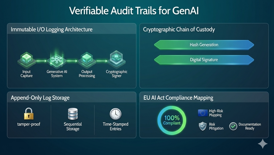 Technical diagram showing immutable I/O logging architecture for generative AI systems with cryptographic chain of custody, append-only log storage, and EU AI Act compliance mapping layers