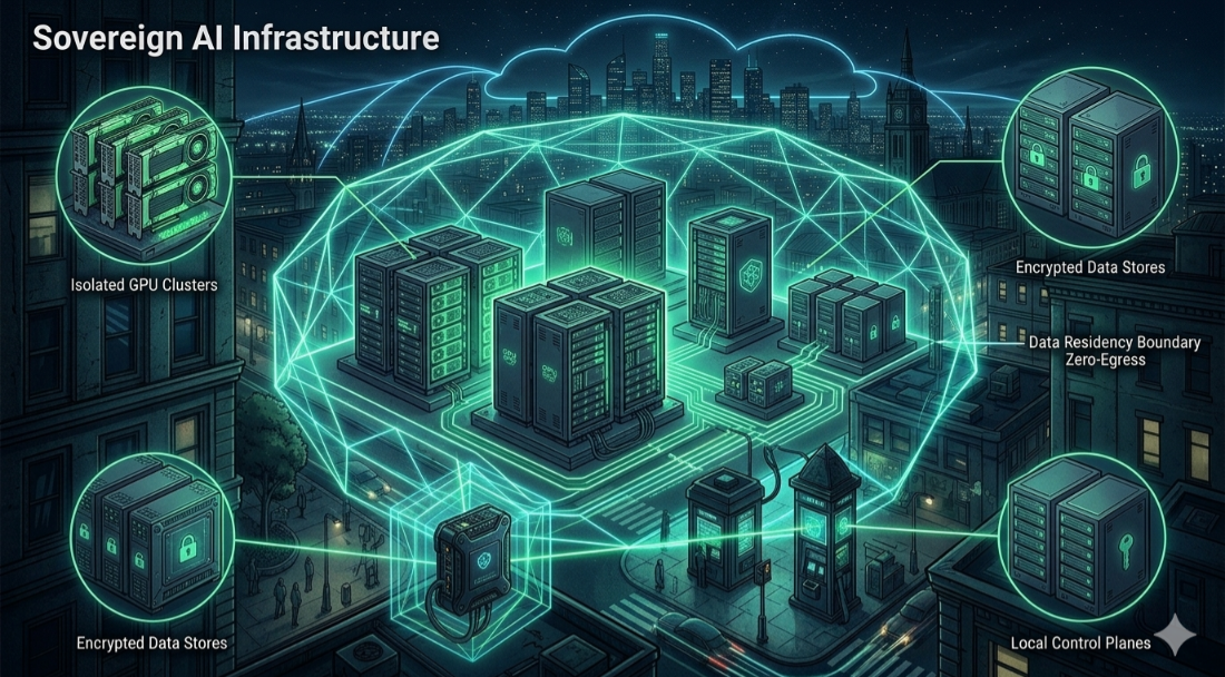 Architectural diagram showing sandboxed AI inference environment with local GPU clusters, data residency boundaries, and zero-egress network topology for sovereign AI deployments
