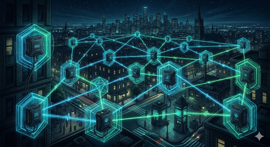Diagram illustrating distributed edge node security layers including Zero Trust access control, physical tamper detection, and encrypted data exfiltration prevention in public environments