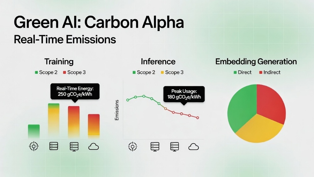 Visualisation of AI compute carbon footprint across training, inference, and embedding generation workloads, mapped to Scope 2 and Scope 3 ESG reporting categories with real-time energy intensity metrics