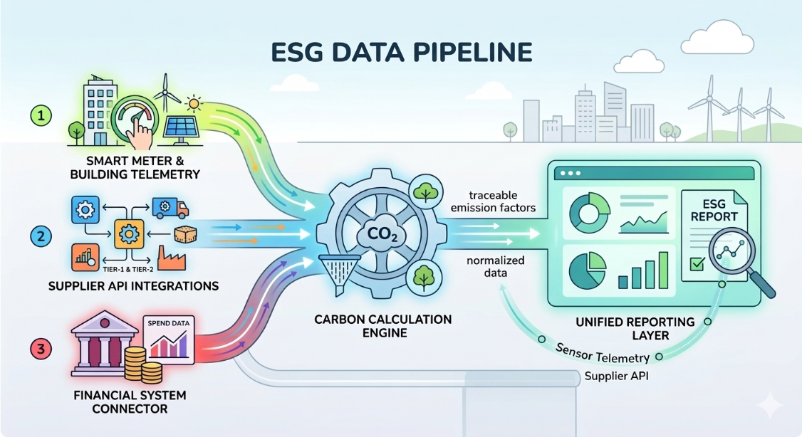 ESG automated data pipeline showing sensor telemetry, supplier API integrations, and carbon calculation engine feeding into a unified reporting layer