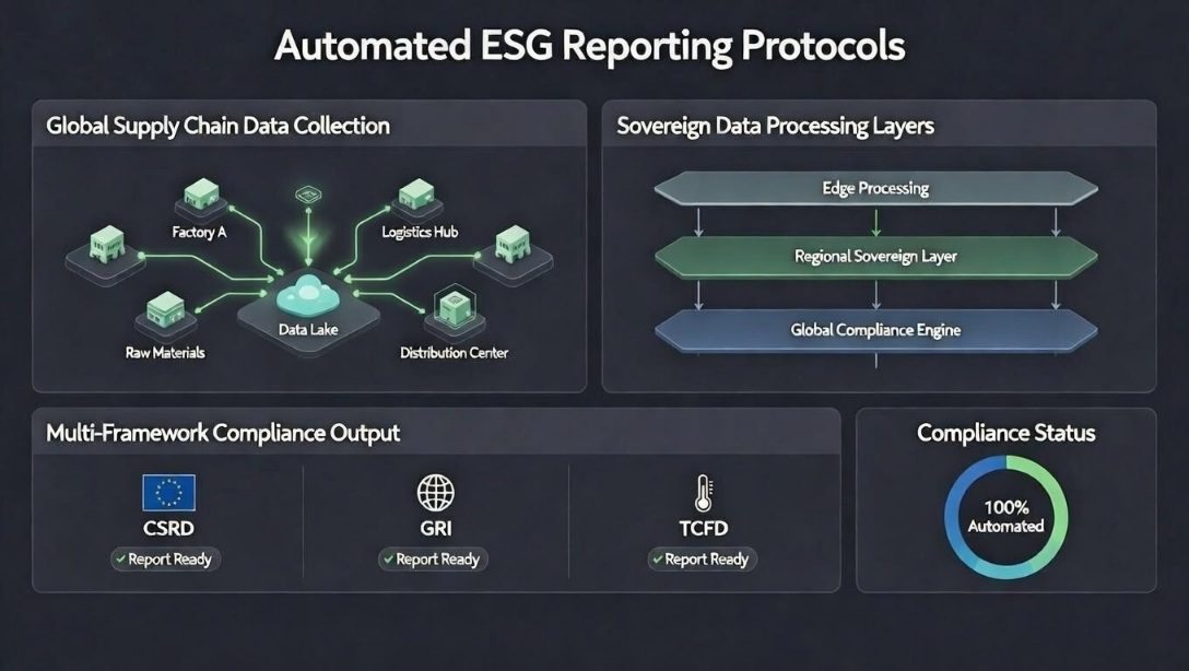 Automated ESG reporting pipeline diagram showing data collection from global supply chain nodes, sovereign data processing layers, and multi-framework compliance output for CSRD, GRI, and TCFD reporting