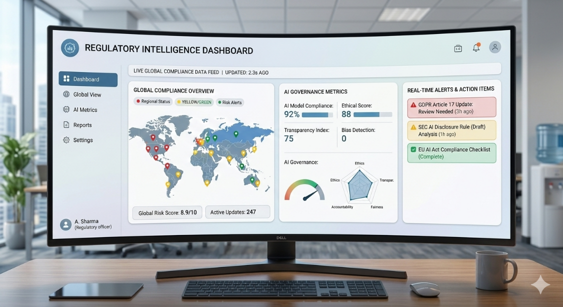 World-class regulatory intelligence dashboard showing glassmorphic UI with real-time compliance monitoring, cognitive load reduction through visual hierarchy, and AI governance metrics